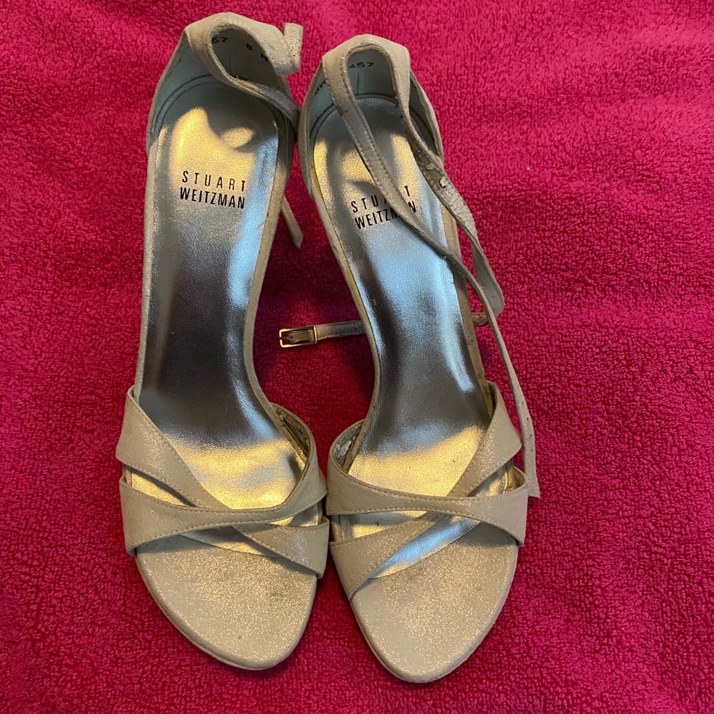 Stuart Weitzman Silver/Ice Suede Strappy Heels